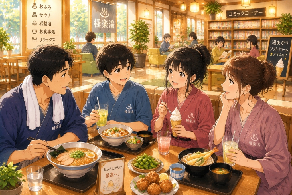 スーパー銭湯の館内レストランで、館内着を着た父・母・中学生の息子と娘が食事やソフトクリームを楽しみながら会話しているイラスト