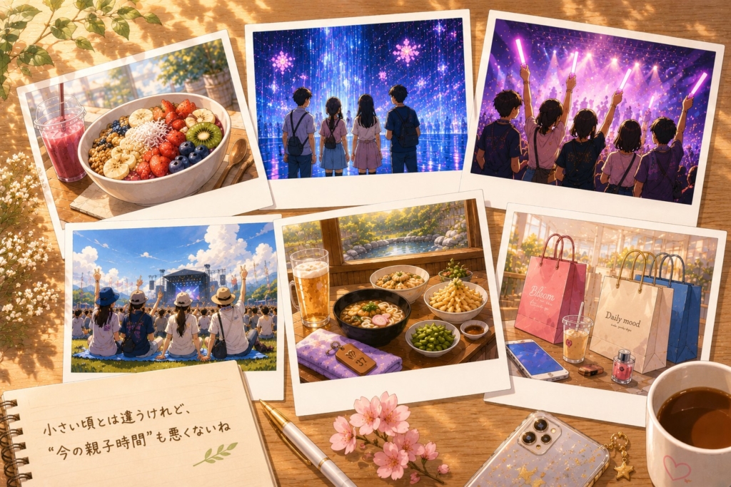 アサイーボウルや映えスポット、推し活、音楽フェス、スーパー銭湯、ショッピングモールなど、中学生とのお出かけの思い出をポラロイド写真風に並べたイラスト