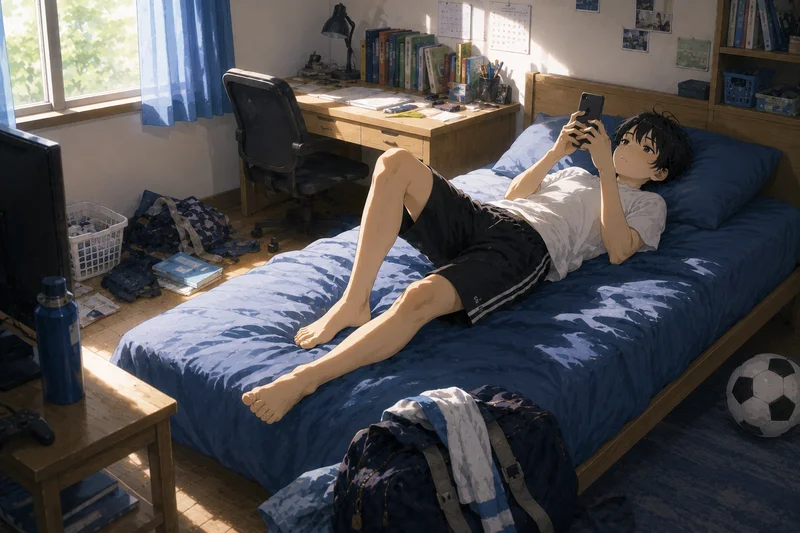 ベッドに寝転びスマホを見る中学生男子、勉強机には手をつけていない様子
