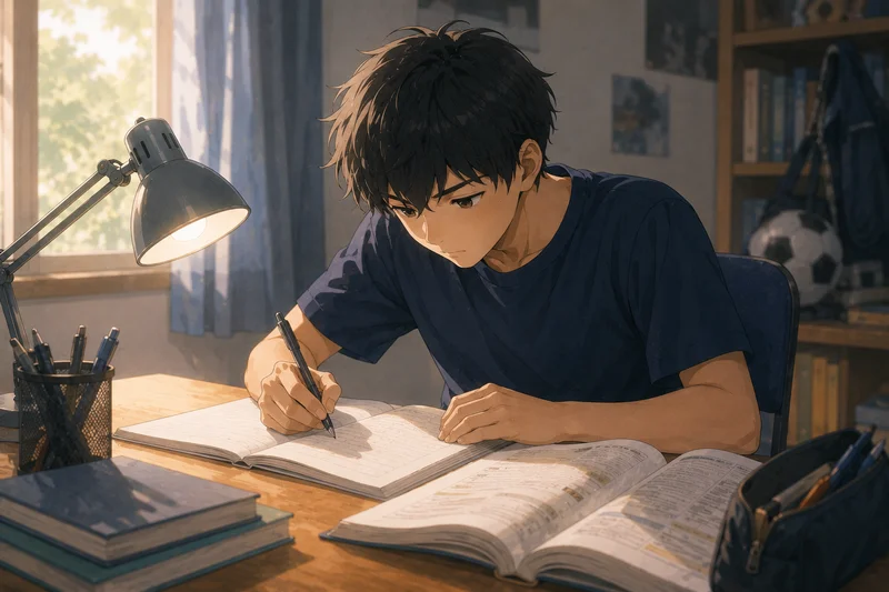 ノートと参考書を開いて集中して勉強する男子中学生
