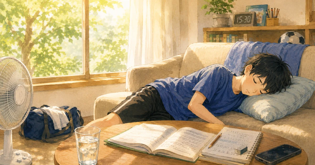 リビングのソファで居眠りする部活帰りの男子中学生、テーブルには開いたままの教科書とノート