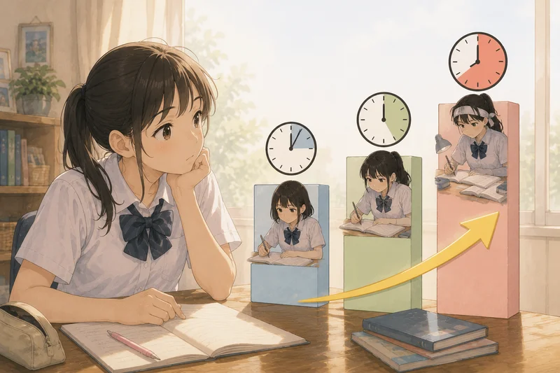 中学生の夏休みの勉強時間が学年ごとに増えていく様子を表す時計と棒グラフ風イラスト

