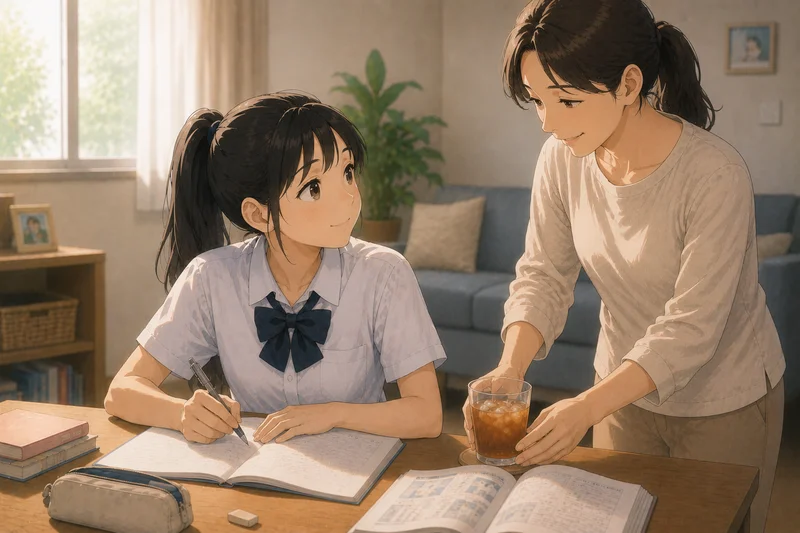 勉強する娘に飲み物を出す母親、机にはノートと参考書が並ぶ
