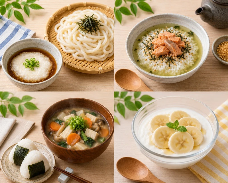 食欲がない朝でも食べやすいつけうどん・お茶漬け・具だくさんみそ汁・バナナヨーグルトの写真