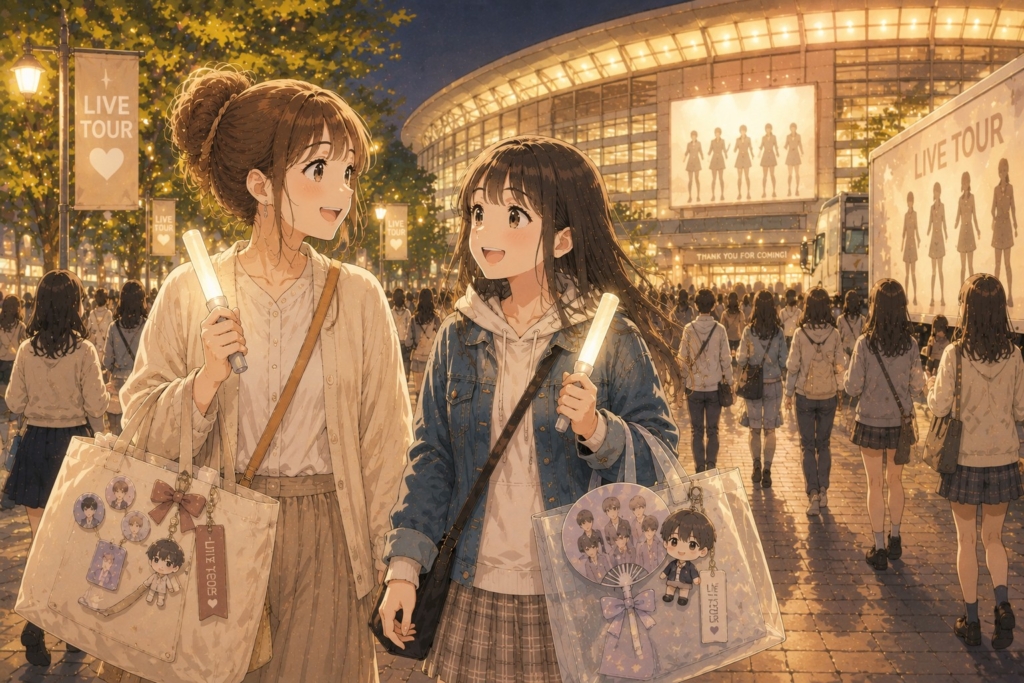ライブを楽しんだ帰り道、推しグッズやペンライトを持ちながら笑顔で会話するママと中学生の娘のイラスト