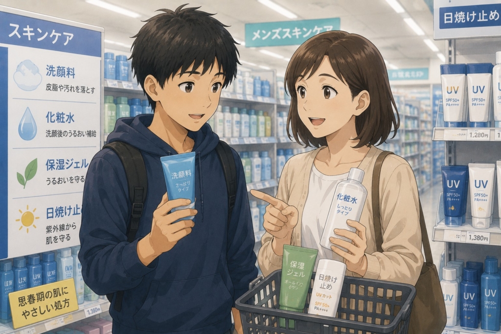 思春期男子と母親がドラッグストアで洗顔料や化粧水、保湿ジェル、日焼け止めを一緒に選んでいるイラスト