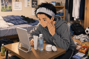 ヘアバンドをつけた中学生男子が、自室でスキンケアをしている様子のイラスト。ニキビが気になり始めた思春期男子の夜のスキンケア習慣をイメージ