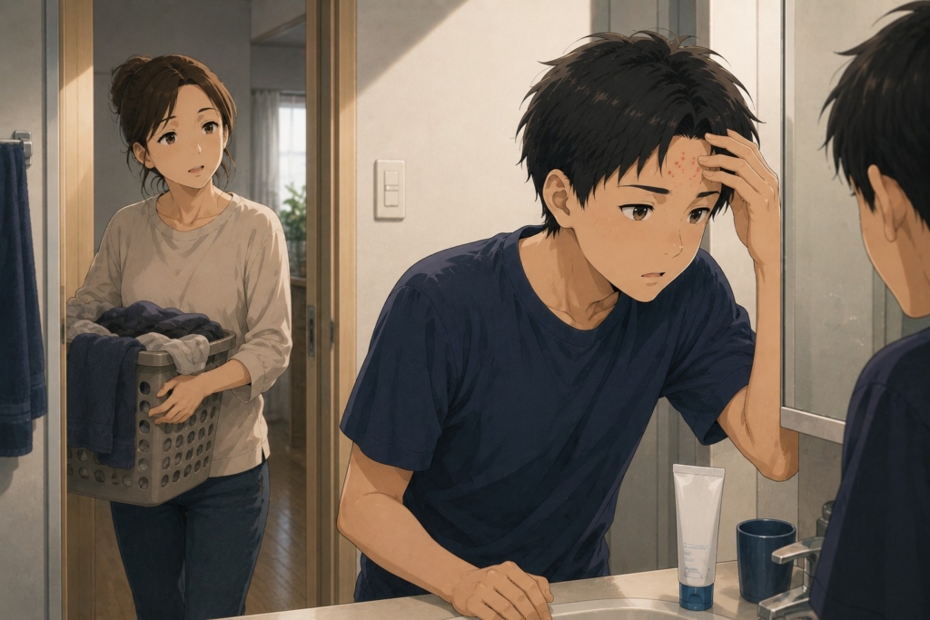 洗面所でニキビを気にしながら鏡を見る思春期男子に、洗濯物を持ちながらやさしく声をかける母親のイラスト