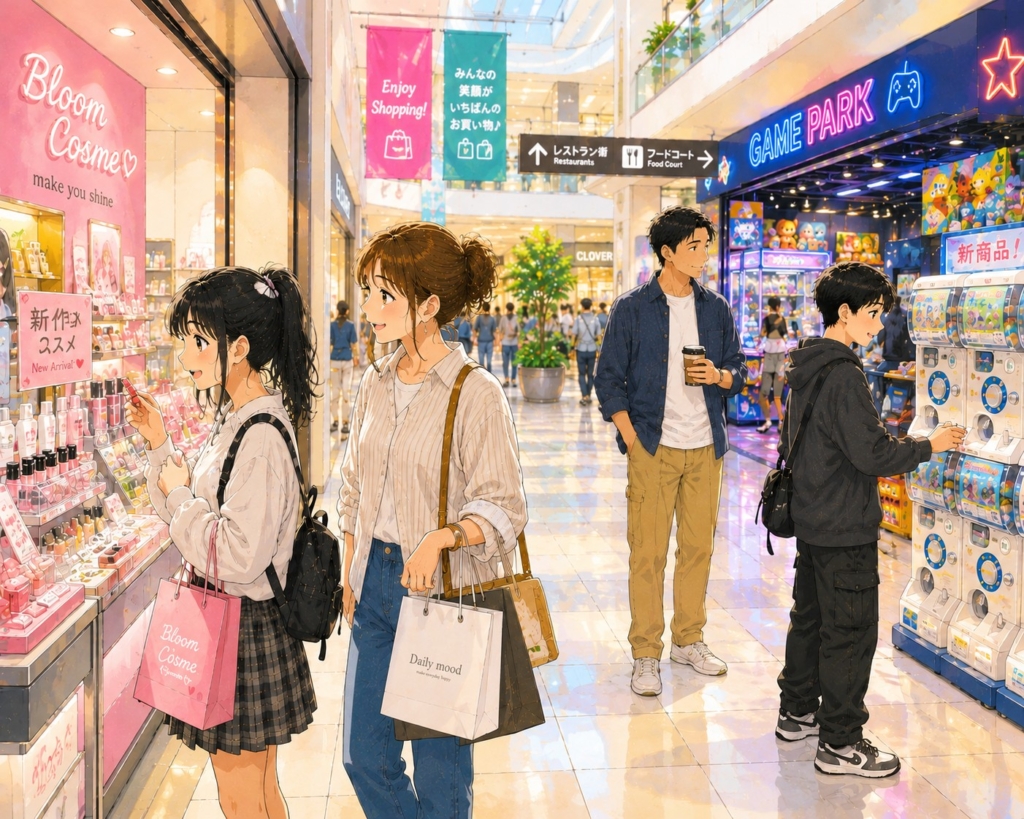 ショッピングモールでコスメ売り場を見る中学生の娘と、それを見守るママ。少し離れた場所ではガチャコーナーを楽しむ息子とパパが過ごしているイラスト