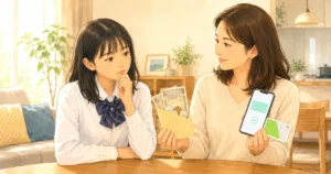 現金の封筒と電子マネーのスマホを見せながら中学生の娘とおこづかいについて相談するママ