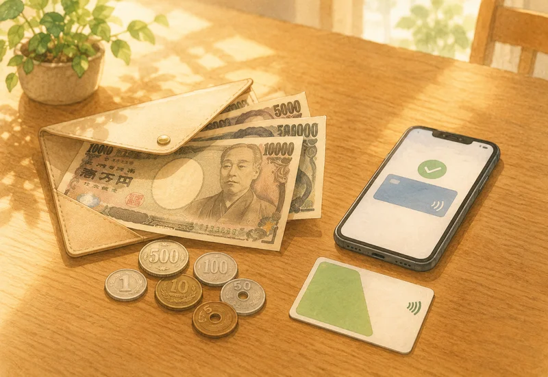 テーブルに並んだ現金（お札・コイン・財布）と電子マネー（スマホ・カード）