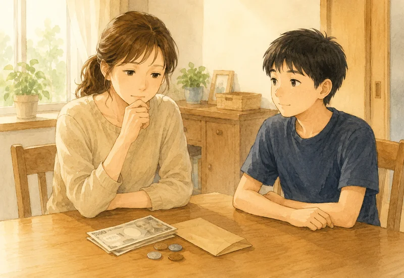 テーブルに現金を並べながら中学生の息子とおこづかいについて考えるママ