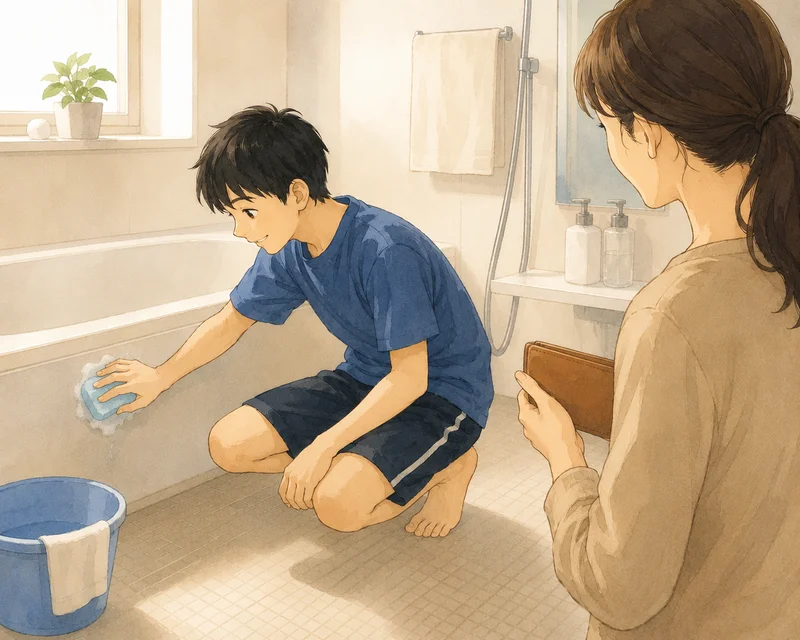 ママが見守る中、お風呂掃除をしてお手伝い報酬をもらう中学生の男の子