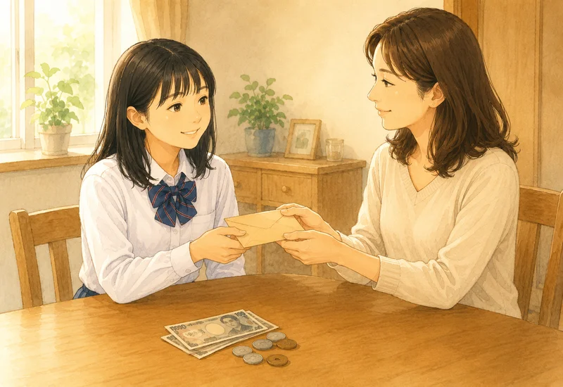ママが封筒に入ったおこづかいを中学生の娘に手渡しているシーン