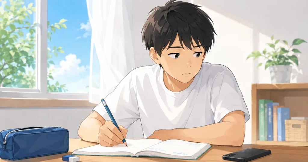 中学生の男の子が自宅の机で勉強しながら集中しきれずスマホが気になっている様子