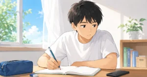 中学生の男の子が自宅の机で勉強しながら集中しきれずスマホが気になっている様子