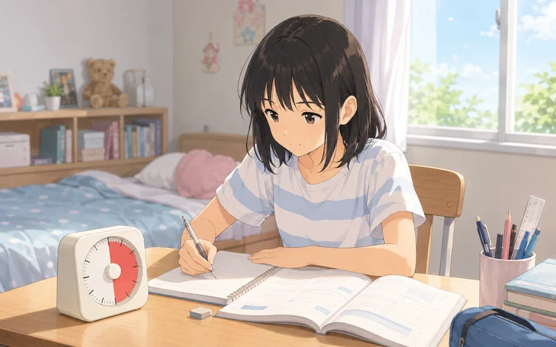 タイマーを使って時間を区切りながら勉強している中学生の女の子
