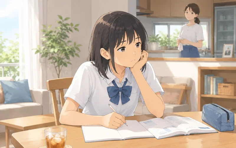 勉強中に集中できずぼーっとする中学生の女の子と、奥のキッチンにいる母親