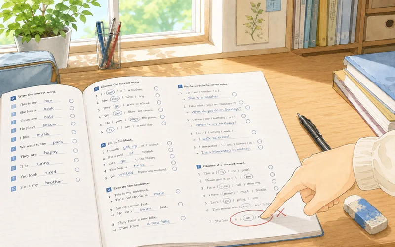英語のワークで間違えた問題が赤ペンでバツをつけられているノート
