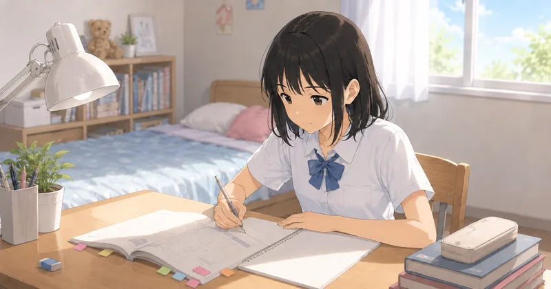 分からない問題に付箋を貼って印をつけながら勉強する中学生の女の子