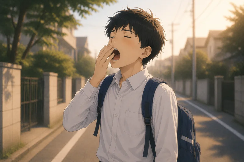 登校中に大きなあくびをしている睡眠不足の中学生の男の子