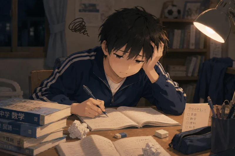 頭を抱えながら夜遅くまで勉強している睡眠不足の中学生の男の子