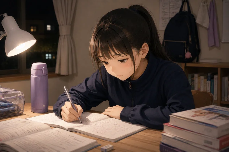 夜遅くまで一人で勉強している中学1年生の女の子
