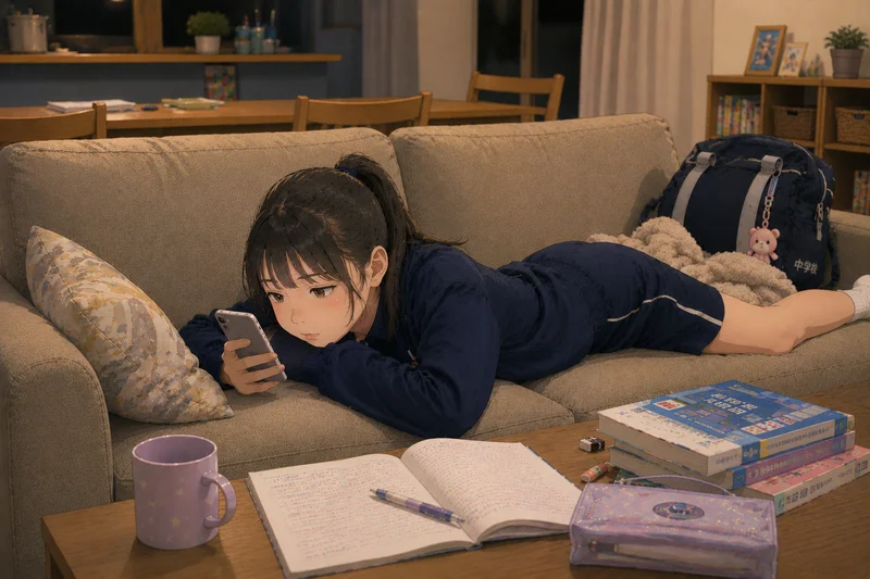 勉強道具を広げたままソファでスマホを見ている中学生の女の子