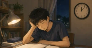 夜遅くまで勉強して眠そうにしている中学生の男の子