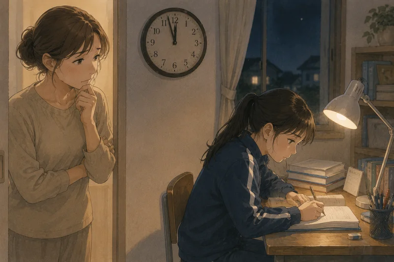 夜遅くまで勉強する中学生の娘を心配そうにのぞき込むママ