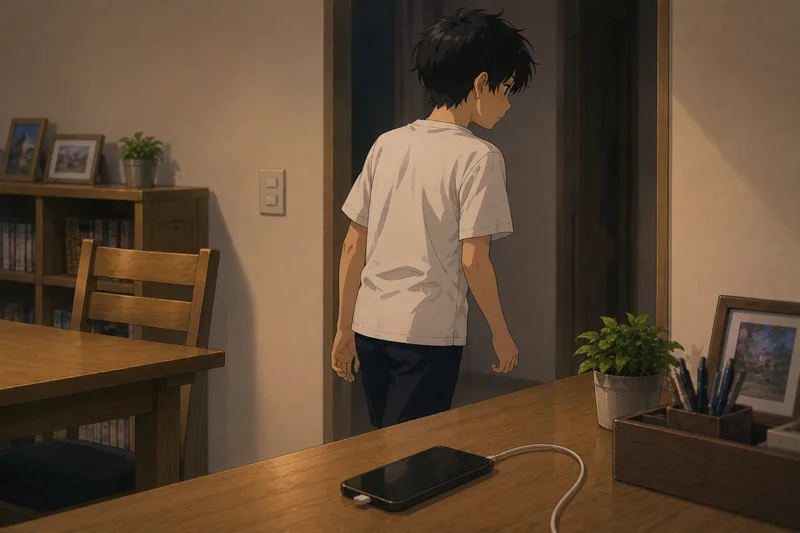 リビングのテーブルにスマホを置いて自分の部屋に戻る中学生の男の子