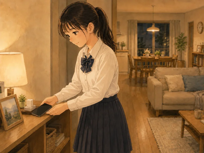 リビングの所定の場所にスマホを置く中学生の女の子