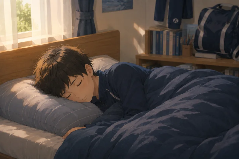 朝の光の中でぐっすり眠っている中学生の男の子