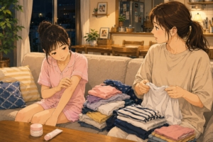 お風呂上がりのリビングで、洗濯物を畳む母親と、自分の腕を気にする小学校高学年くらいの娘。思春期のムダ毛ケアについて親子で話し合うきっかけをイメージしたイラスト。