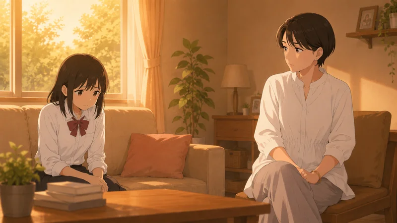 線を交わさず、少し気まずい様子でソファに座る母娘