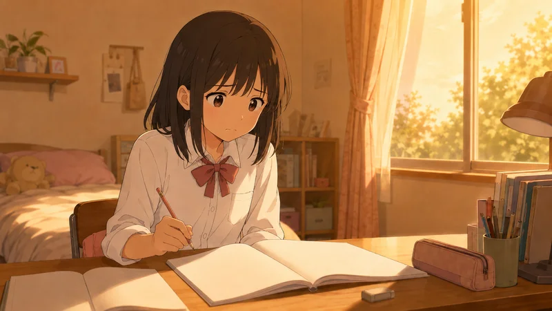 ワークを前に手を止め、困った表情を浮かべる中学生の女の子