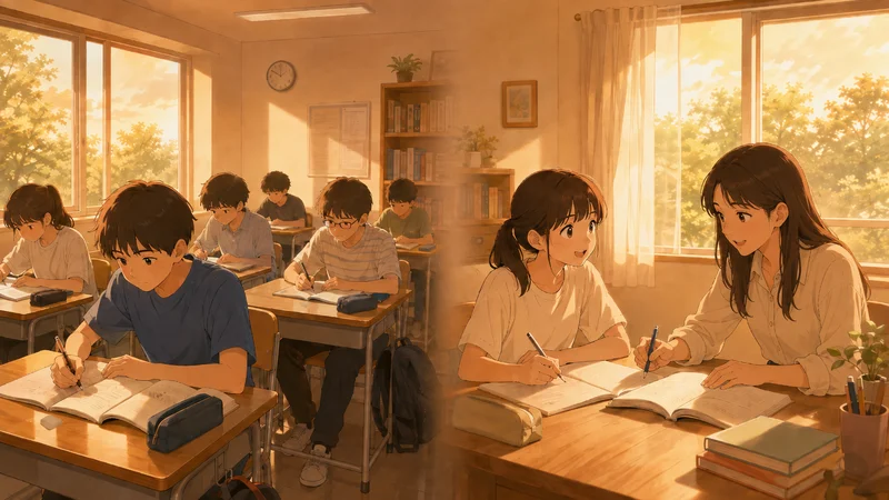 塾の自習室で勉強する生徒たちと、家庭教師とマンツーマンで学ぶ女の子(左右対比)