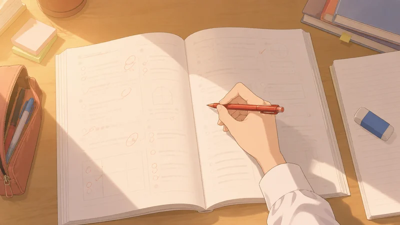 赤ペンで丸付けをしながら手を止める中学生の女の子の手元