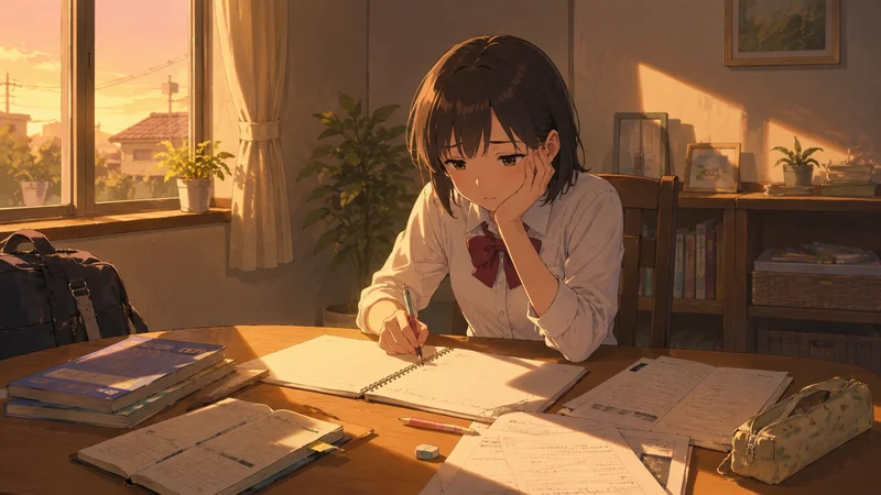 夕方に一人で勉強しながら考え込む中学生の女の子