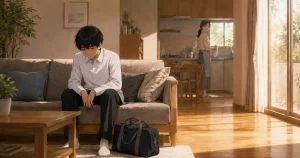 ソファでうつむく中学生の男の子と、キッチンで見守る母親