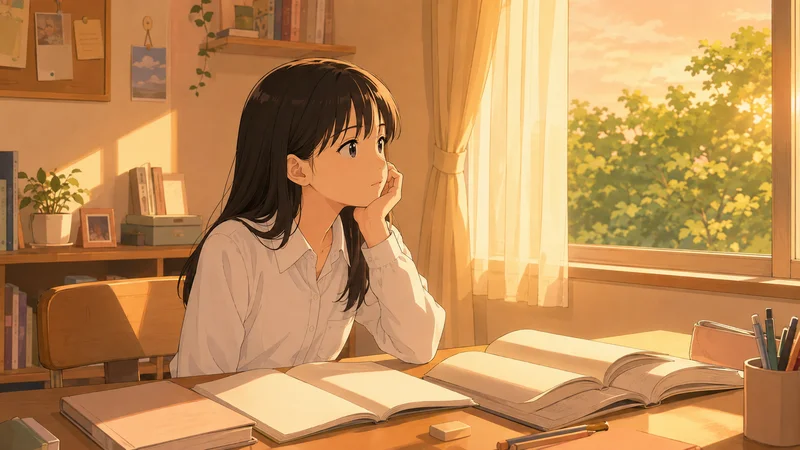 窓の外を見つめながら机で考えごとをする中学生の女の子