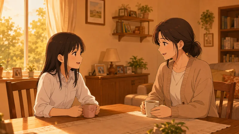 ダイニングテーブルで温かい飲み物を飲みながら会話する母娘