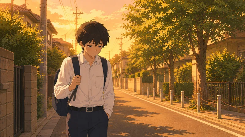 夕方の住宅街を疲れた様子で一人で歩く中学生の男の子