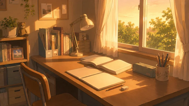 夕方の光が差し込む、開かれた教科書とノートのある勉強机