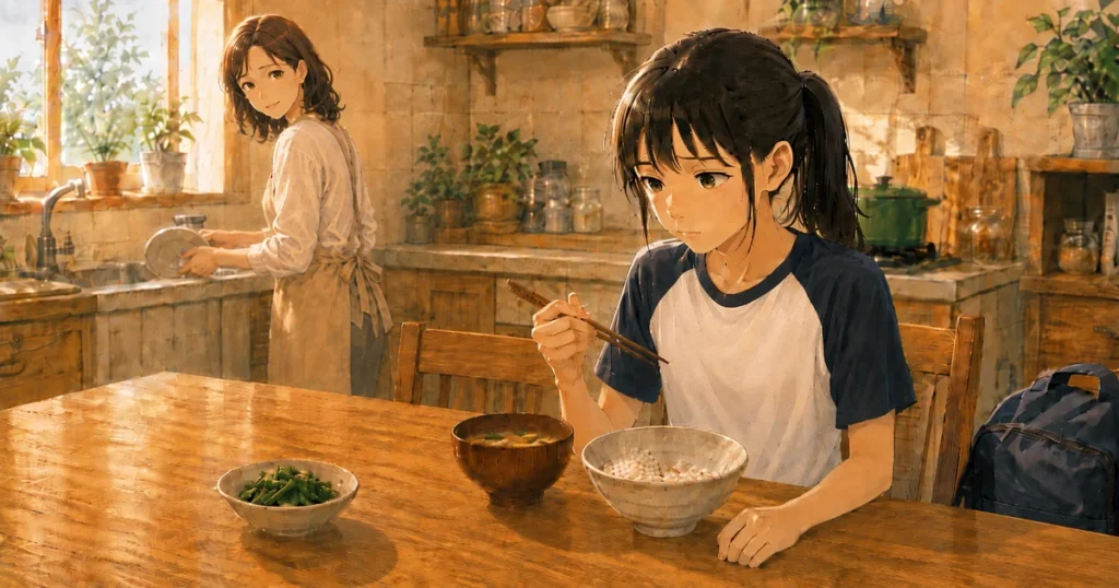 食事が進まない中学生と見守る母親
