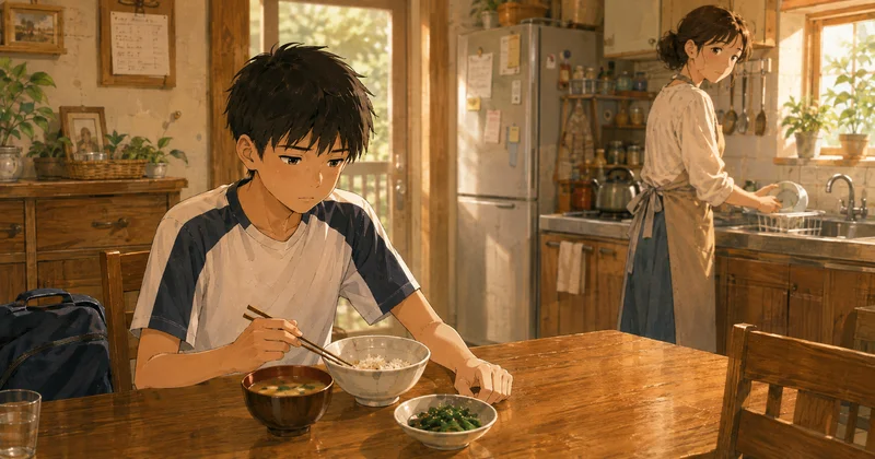 食が進まない様子で食事をする男の子