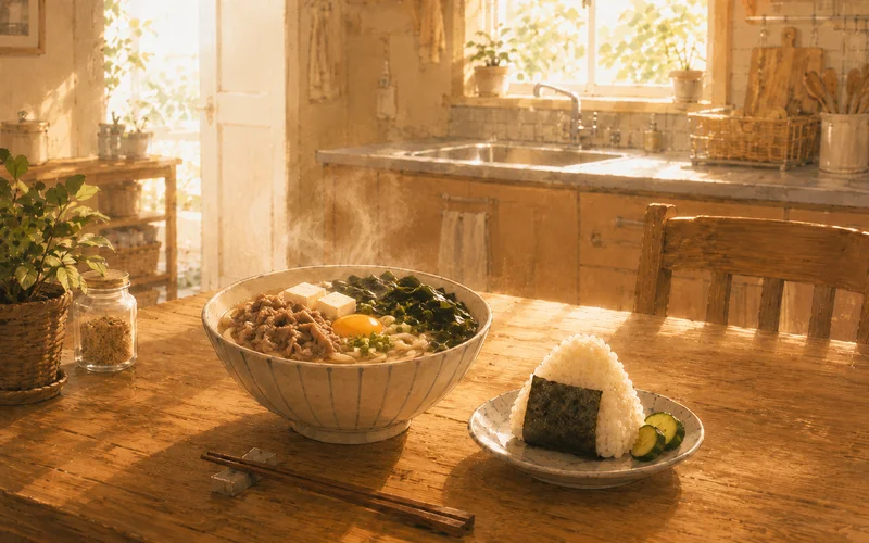 肉うどんとおにぎりの食事