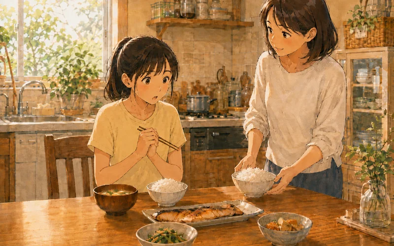 ご飯をよそう母親と驚く様子の女の子