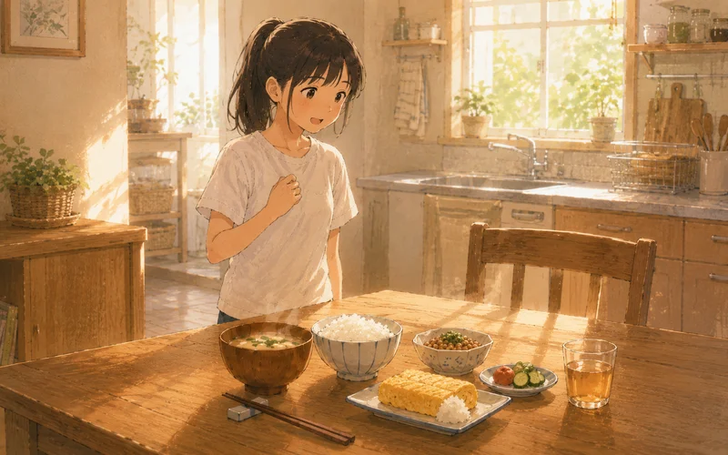 朝ごはんを前に元気な様子の女の子