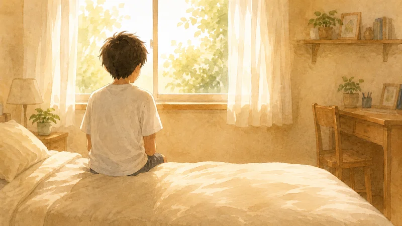 窓辺のベッドに座り外を眺める子どもの後ろ姿